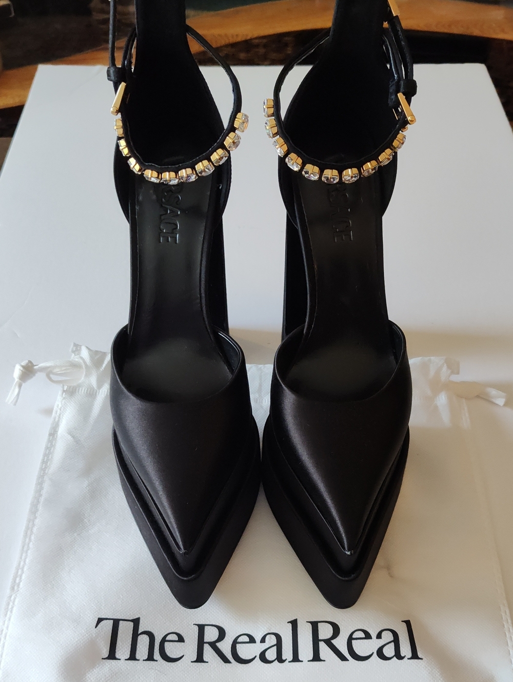 VERSACE Medusa Aevitas Pointed Toe Crystal Ankle-Straps Size 39 US 8.5